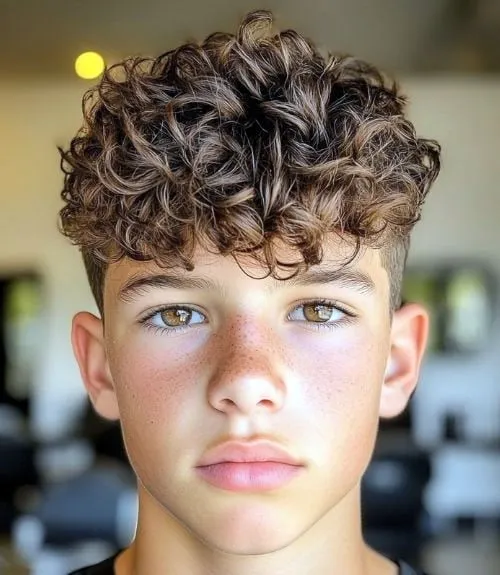 Thick Curly Fringe with Taper Fade